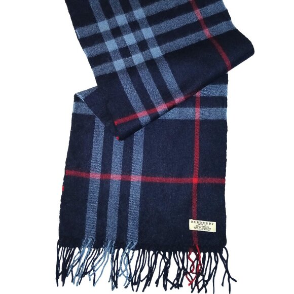 Vintage Burberry Navy Blue Red Light Blue Plaid Fall Winter Luxury Outdoor Scarf